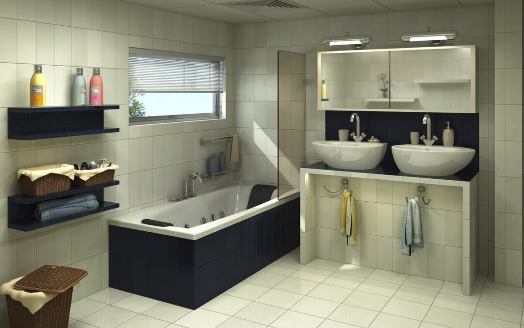 Moderni kylpyhuone, jossa on kaksi allasta ja kylpyamme.